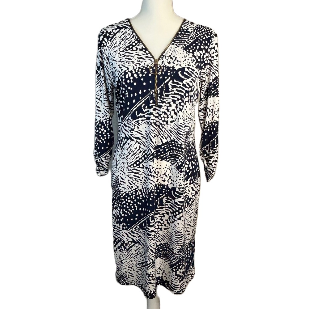 JM Collection Abstract Print Shift Dress M Zipper V-Neck Navy Office‎ Artsy
